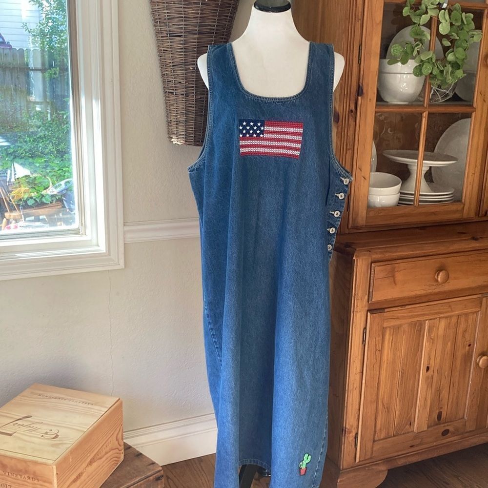 Sunshine Apparel Denim Embroidered USA 100% Cotton Flag Maxi Dress Size 3X